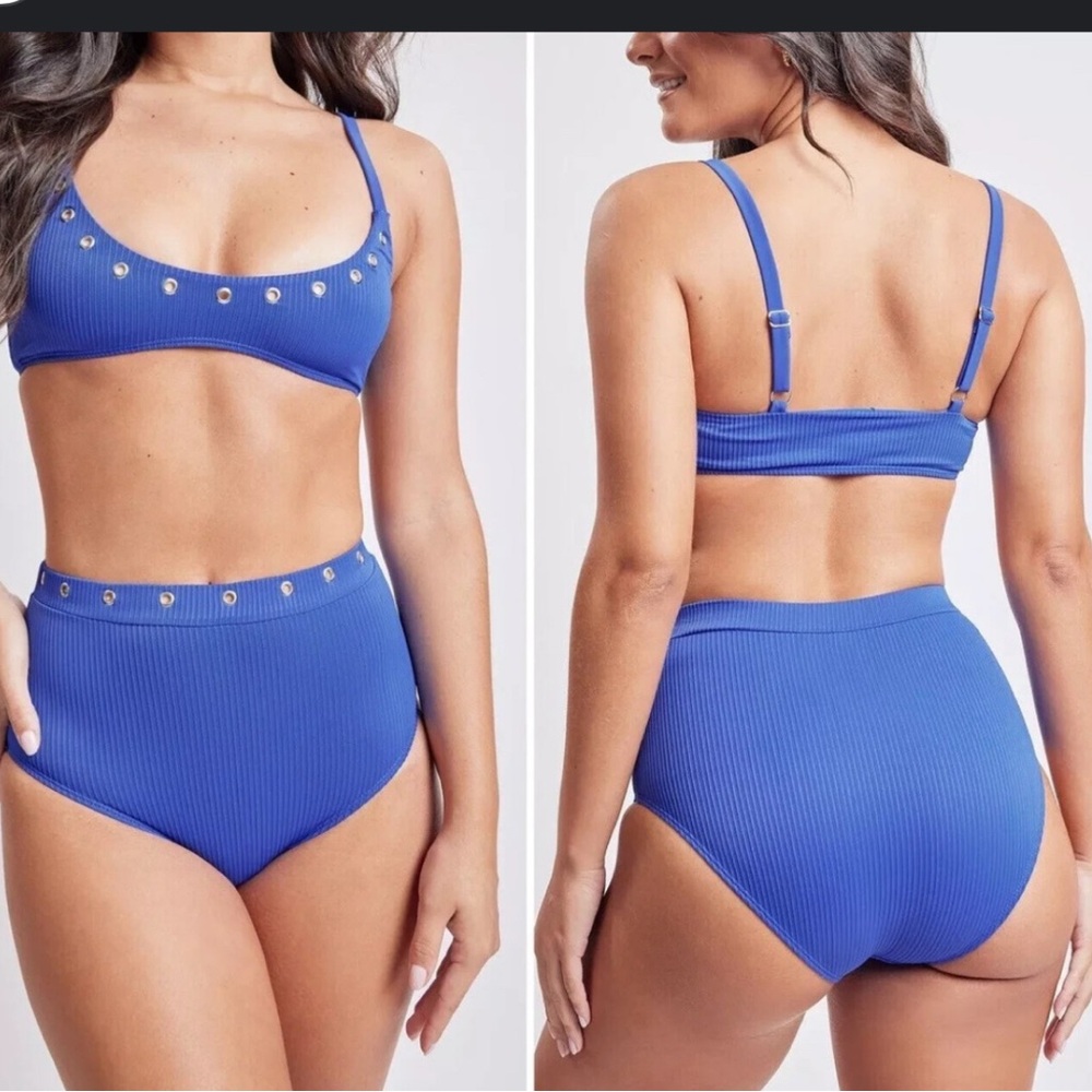 YMI High Waisted 2 piece Bralette Blue Bikini Set with Grommet Details M